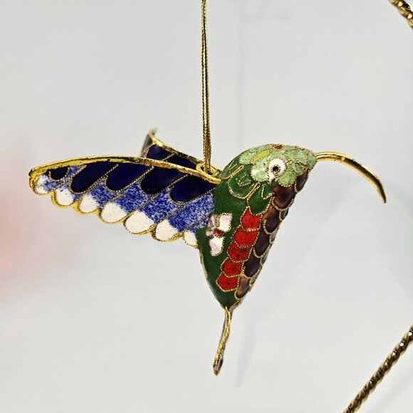 Handcrafted Cloisonné Hummingbird Ornament With Gold Accents & Display Stand - Picture 2 of 10